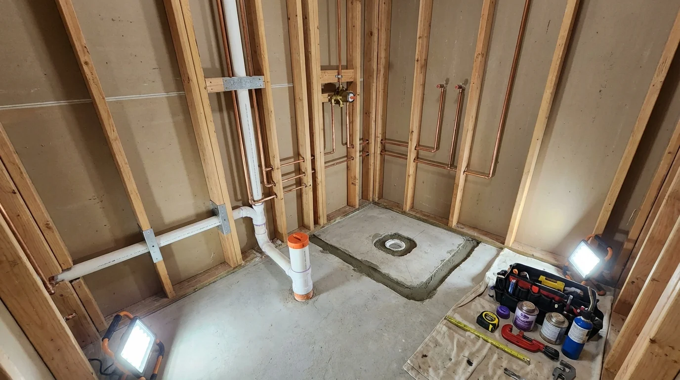 Bathroom rough-in plumbing during remodel by Johns Plumbing LLC in Glennville