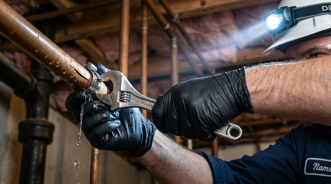 Emergency pipe clamp repair being performed by a Johns Plumbing LLC plumber in Glennville