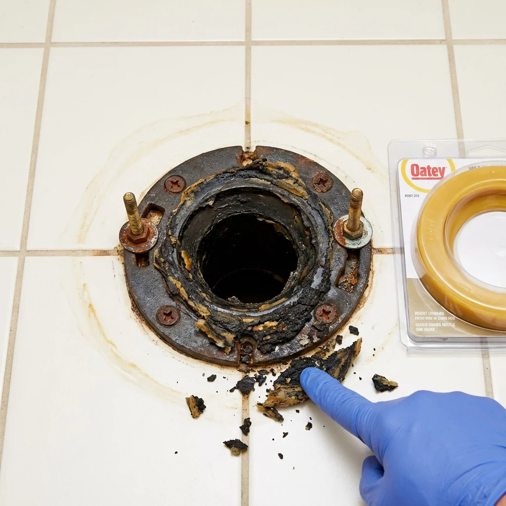 Failed wax ring showing water seepage at the base of a toilet in a Glennville, GA home