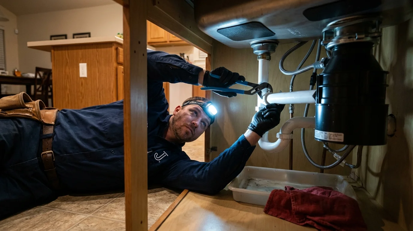 P-trap and supply line connections under a kitchen sink showing a common leak point in Glennville, GA